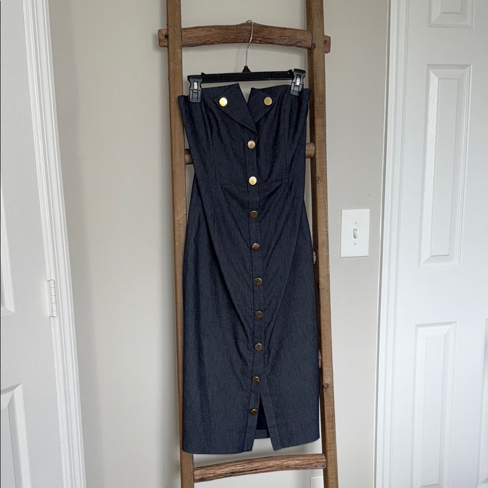 Chic Blue Denim Button-Front Corset Dress with Gold Accents